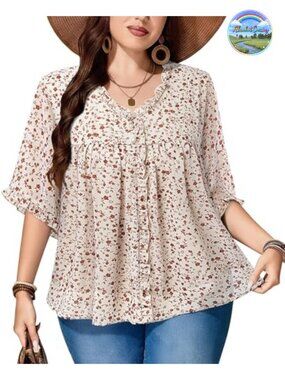 Plus Size Chiffon Blouse 3/4 Ruffle Sleeve V Neck Flowy Top